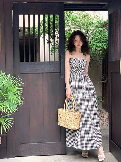 Chic Plaid: Slim Waist Strap Long Dress