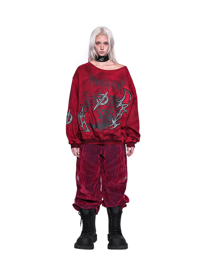 One-Shoulder 3D Embroidery Distressed Punk Y2K Sweatshirt