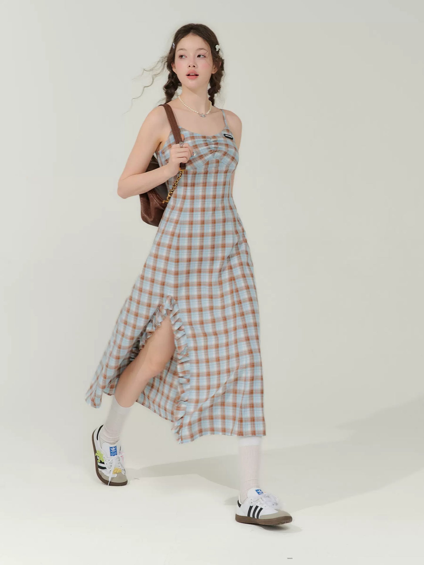 Plaid Suspender Dress | Slim Fit Split Retro Blue-Brown Plaid Design