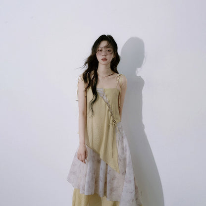 Dry Leaf Yellow Asymmetric Strap Cool Zen Style Sling Dress