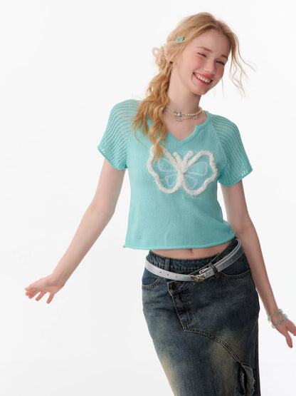 Butterfly V-neck Raglan Sleeve T-shirt | Hollow Knit Retro Design for Summer