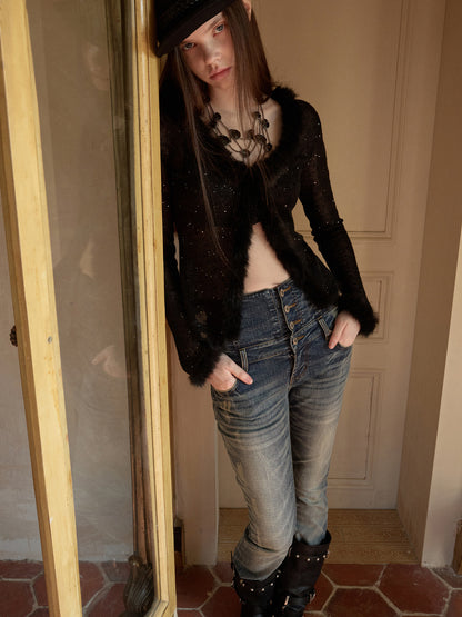 Sequin Knit V-Neck Cardigan