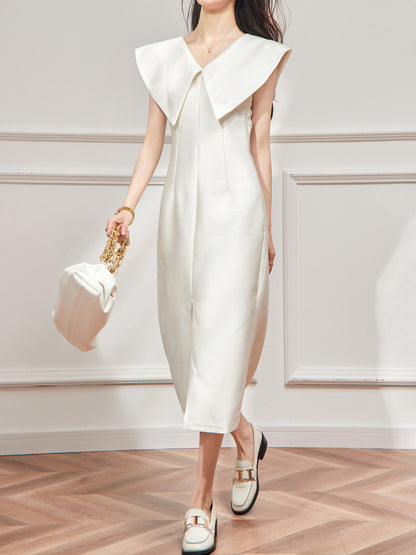 Hepburn Style White Lapel Dress