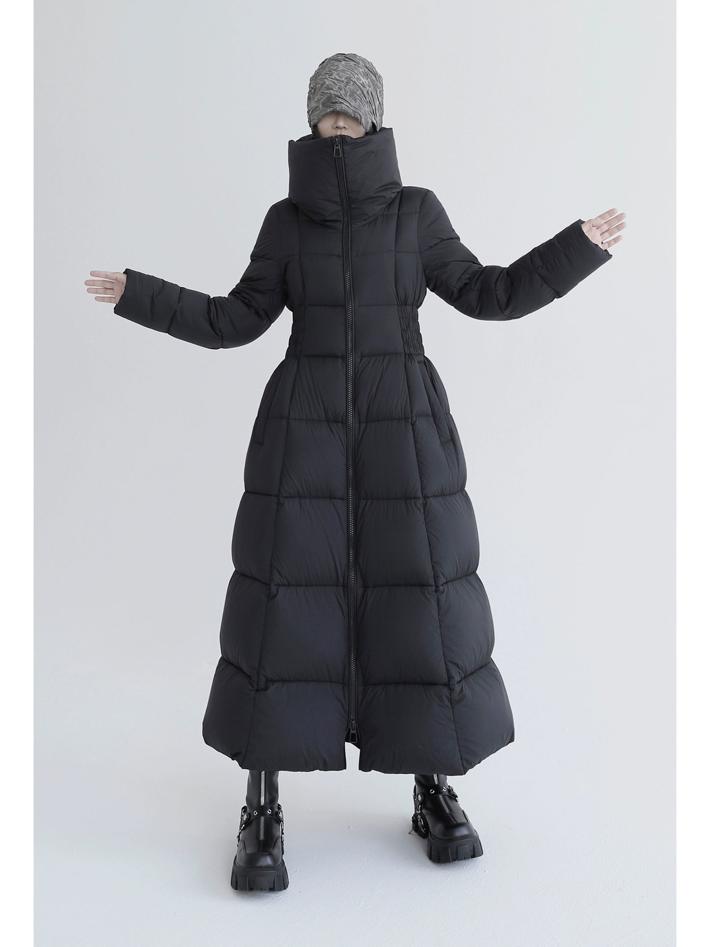 Over-The-Knee White Goose Down Jacket with Waist Design