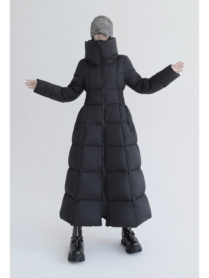 Over-The-Knee White Goose Down Jacket with Waist Design