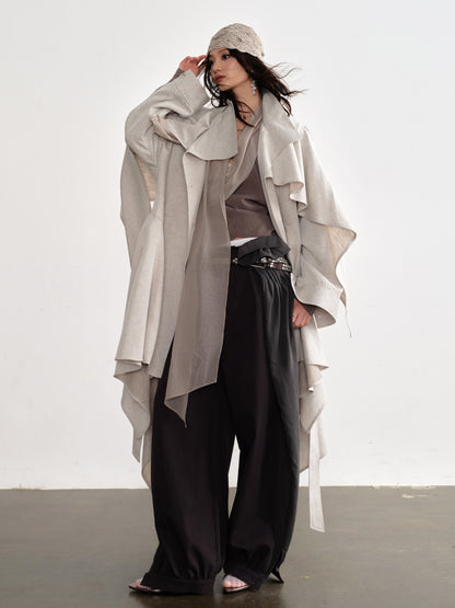 Linen Blend Trench Skirt Coat | Detachable Cape Outerwear