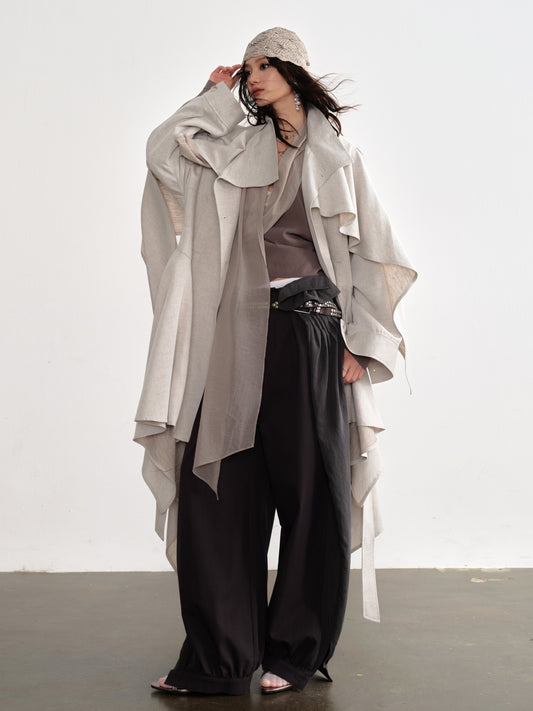 Linen Blend Trench Skirt Coat | Detachable Cape Outerwear