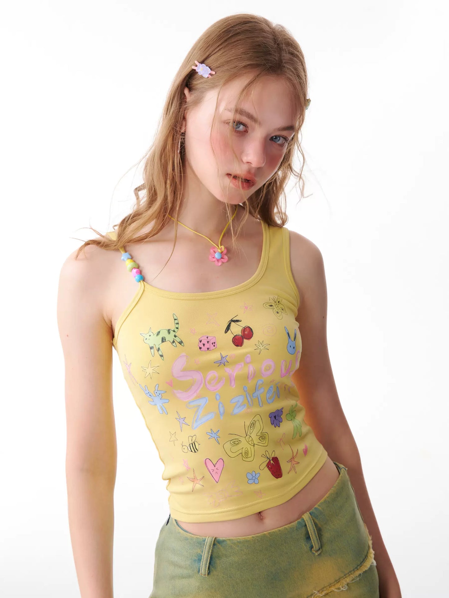 Cartoon Graffiti Beaded Tank Top | Strap Design for Summer