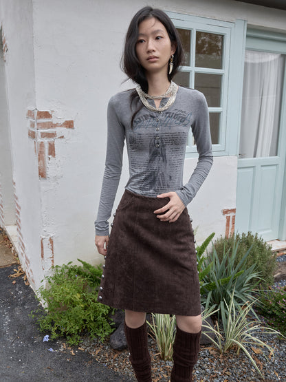 Contrast Print Henley Knit Top