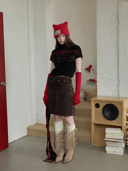 Studded Suede A-Line Midi Skirt