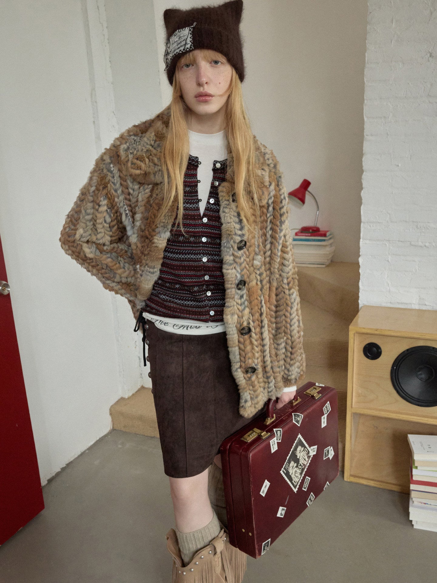 Color-Block Rabbit Fur Shirt Coat