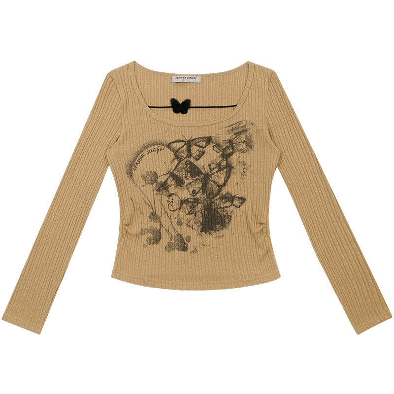 Butterfly Print Slim Fit Knit Top | Long Sleeve Retro Design for Spring/Autumn