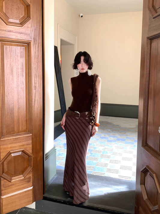 【Slanted Stripe】Hong Kong Style Retro 2025 Autumn New Style Slim Fit High Waist Long Skirt