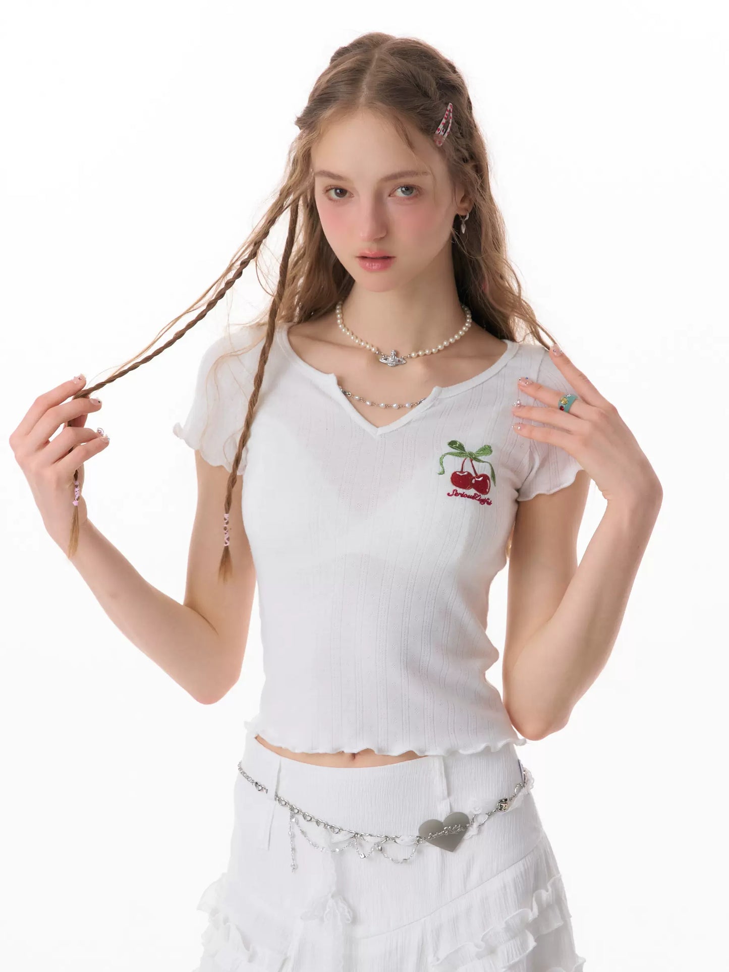 Cherry Embroidered Chain T-shirt | Mushroom Puff Sleeve V-neck Design for Summer