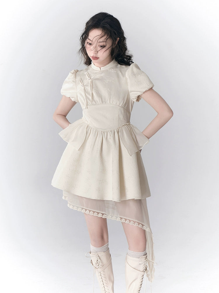 New Chinese Style Button Up Bubble Sleeve Dress