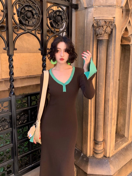 Color-Blocked Bell Sleeve Knitted Dress (Berry Coffee)