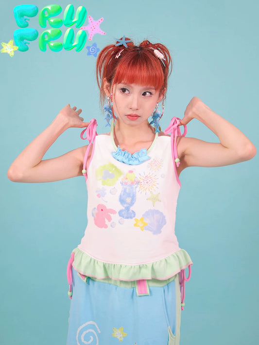 Gollum Store Original Summer Y2K Girl Niche Cute Dolphin Print Fake Two-Piece Camisole
