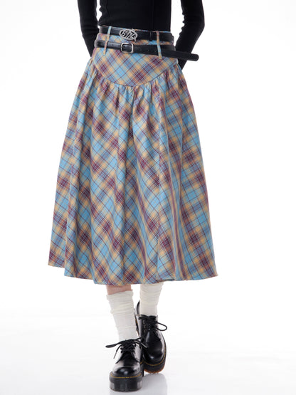 Blue Plaid Pleated Skirt | High Waist Slim Fit Retro Design for Autumn/Winter