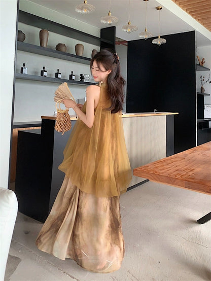 Fairy Mesh Tie-Dye Halterneck Dresses – National Style Cheongsam-Inspired Skirts
