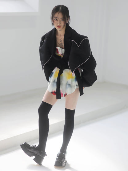 Spade Heart Spliced Bright Diamond Woolen Coat