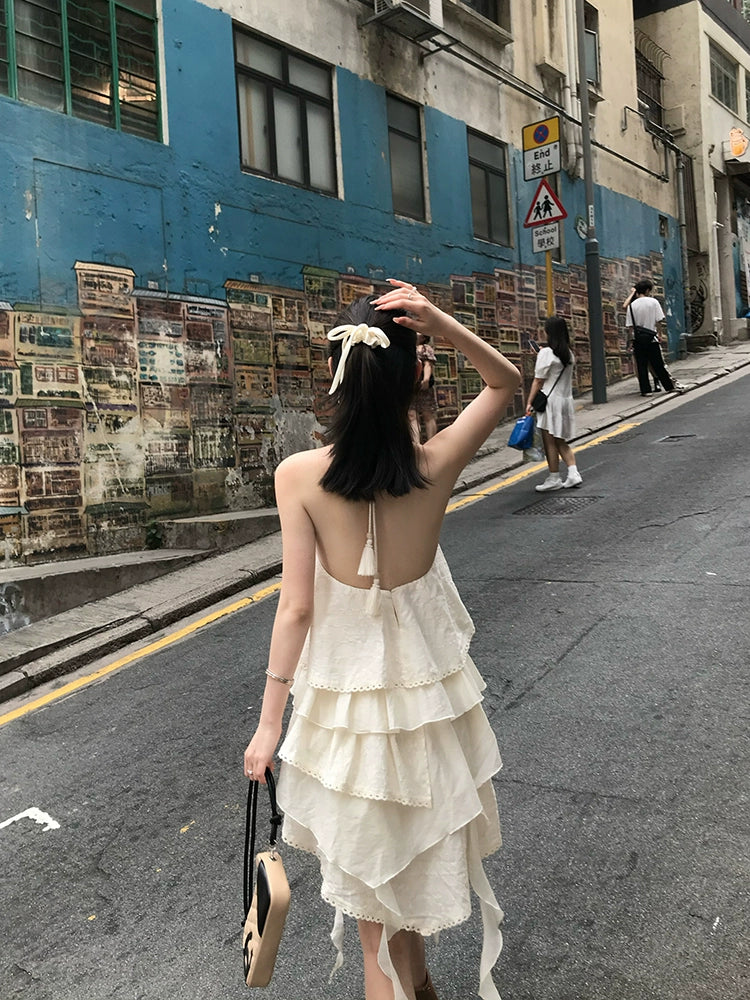 [Komatsu Chronicles] White Halterneck Camisole Dress - Sleeveless Backless Summer Style