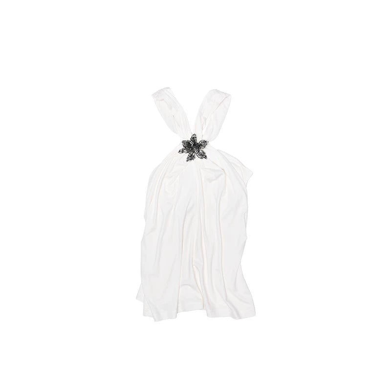 Shirred Neck Halterneck Sleeveless Top – Acetate Camisole with Buttons