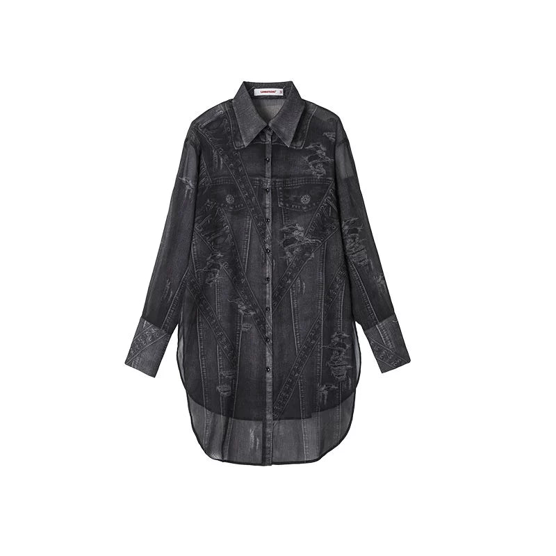 Denim Tie-Print Chiffon Long Shirt – Lightweight & Flowy Design