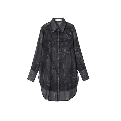 Denim Tie-Print Chiffon Long Shirt – Lightweight & Flowy Design