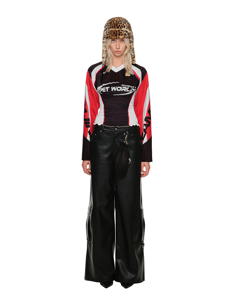 V-Neck Slim Cable Jersey Top – Cropped Long Sleeve Design