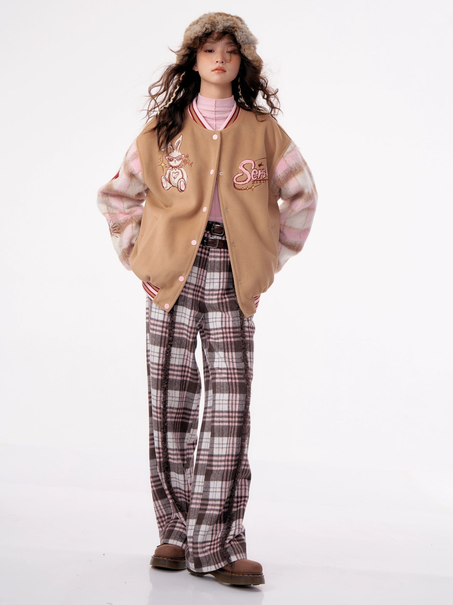 Rabbit Embroidered Wool Checkered Jacket | Retro Baseball Style for Autumn/Winter