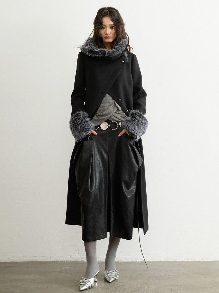 Asymmetrical Fur Collar Wool Coat | Retro Romantic Long Jacket