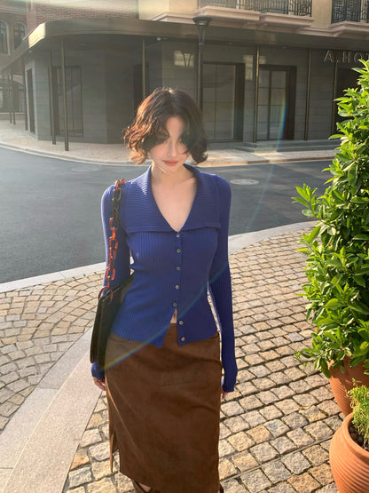 Hong Kong Retro Tencel Lapel Bell-Sleeve Knit Cardigan Top