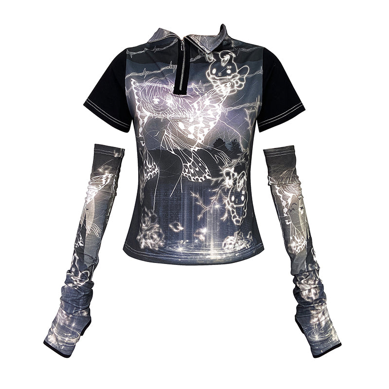 Butterfly Elf Hand Painted Print Spliced Short Sleeve T-shirt+Sleeves