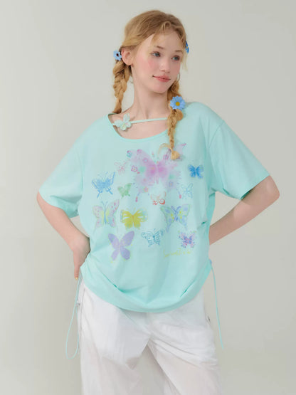 Butterfly Printed Drawstring T-shirt | Loose Fit Retro Short Sleeve for Summer