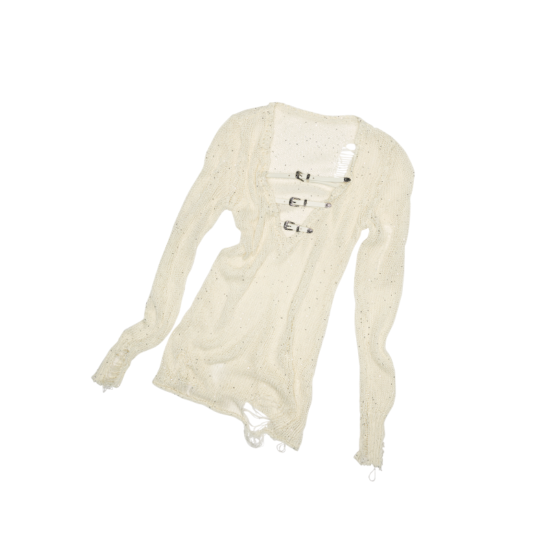 Beaded Cut-Out Knit Blouse – V-Neck Slim Semi-Sheer Knit