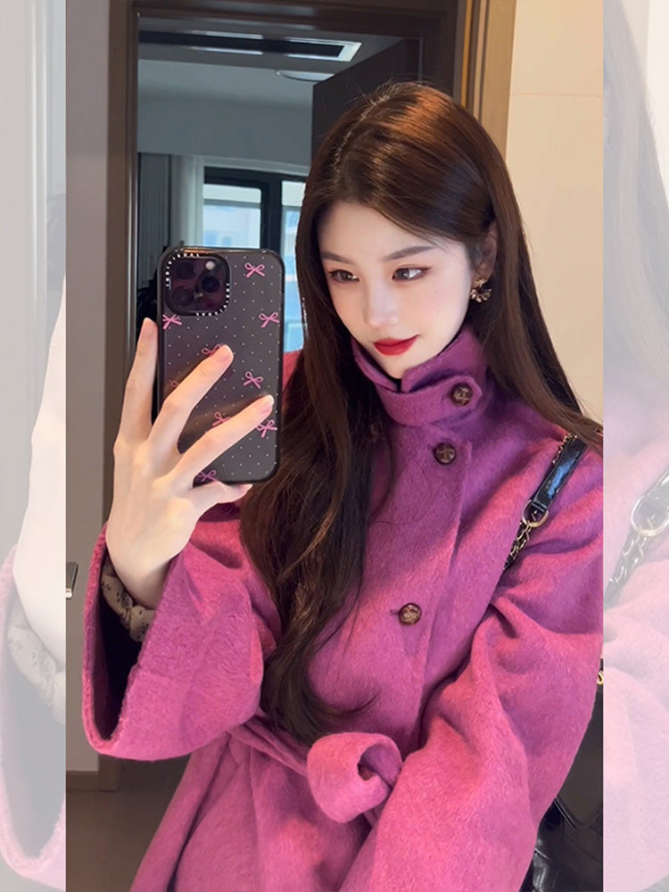 Reversible Cashmere Coat – Elegant Mid-Length Stand Collar Wool Cape