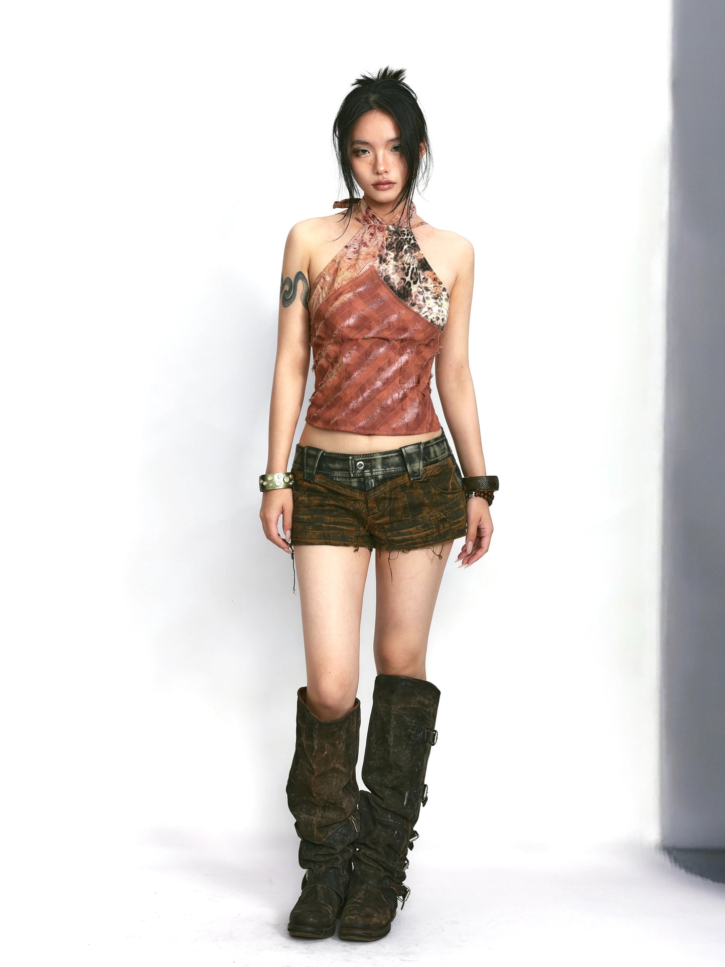 Leather Panel Slim Shorts – Rugged Vintage Finish