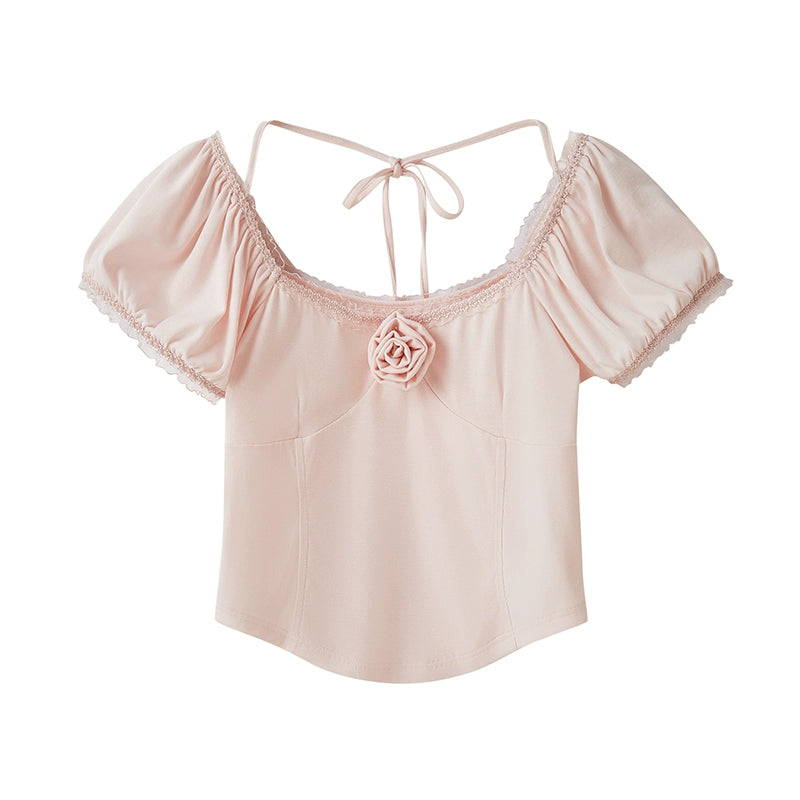 White Rose Desire - Top de punto con mangas de burbujas