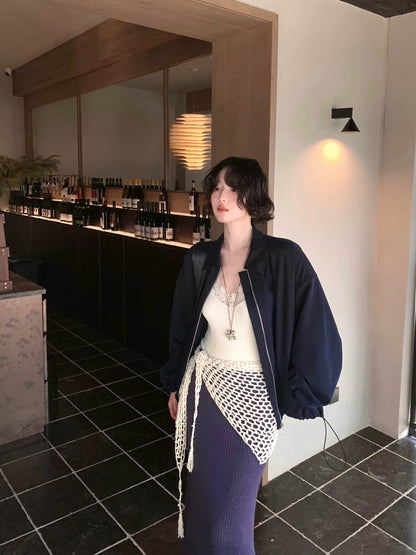 Navy Zip-Up Cropped Jacket – Hong Kong Retro Autumn Casual Outerwear