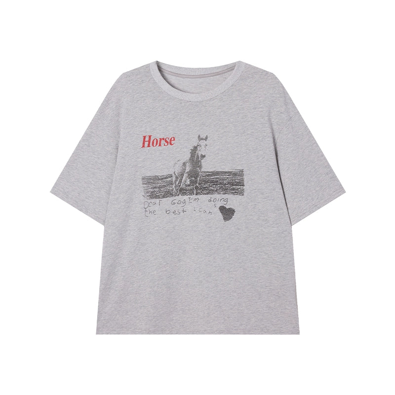 [High Street Girl] Grey Printed Short-Sleeve T-Shirt - Summer Lazy Style