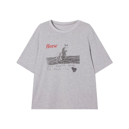 [High Street Girl] Grey Printed Short-Sleeve T-Shirt - Summer Lazy Style