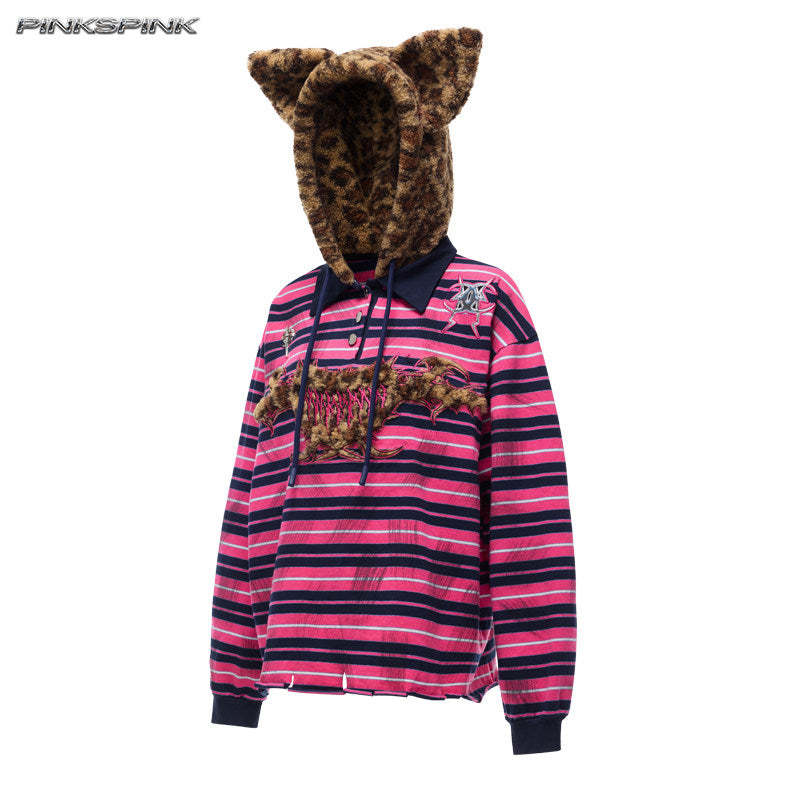 Black Metal Cat Ear Hooded Y2K Sweatshirt – Leopard Stripe