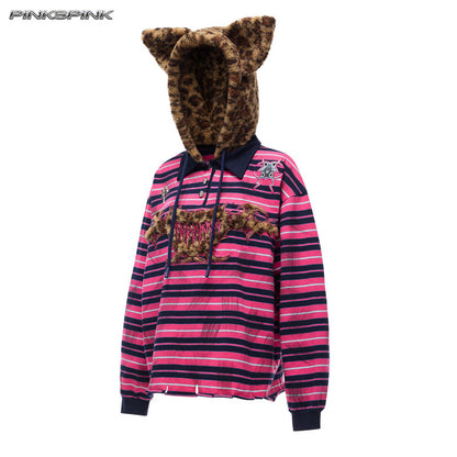 Black Metal Cat Ear Hooded Y2K Sweatshirt – Leopard Stripe