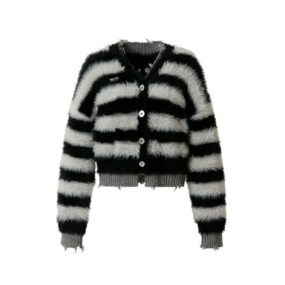 Mohair Contrast Stripes Imitation Mink Fleece V-Neck Cardigan