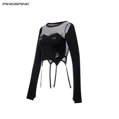 Electric Moon Patchwork Mesh Punk Y2K Base Layer Tee