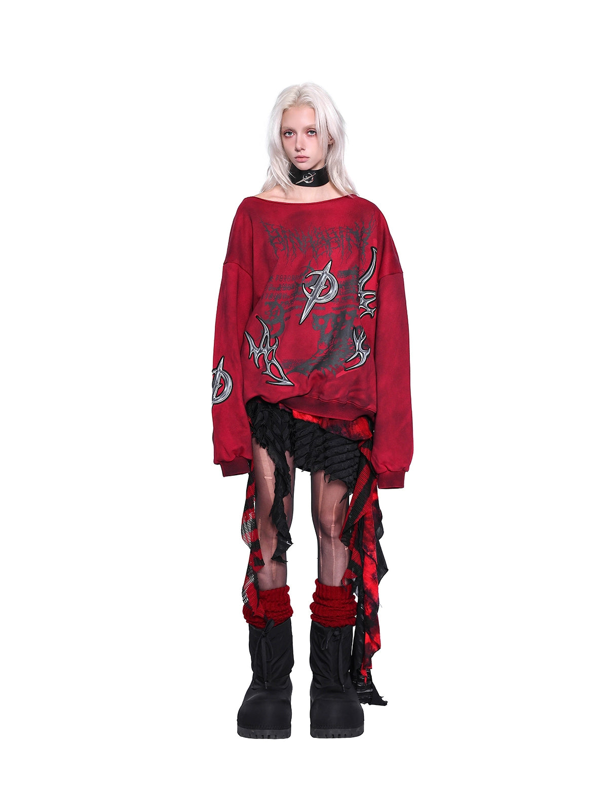 One-Shoulder 3D Embroidery Distressed Punk Y2K Sweatshirt