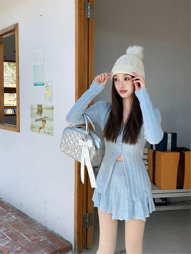 [Oxygen Ballet] V-Neck Knitted Cardigan & Pleated Skirt Set - Winter Two-Piece Style