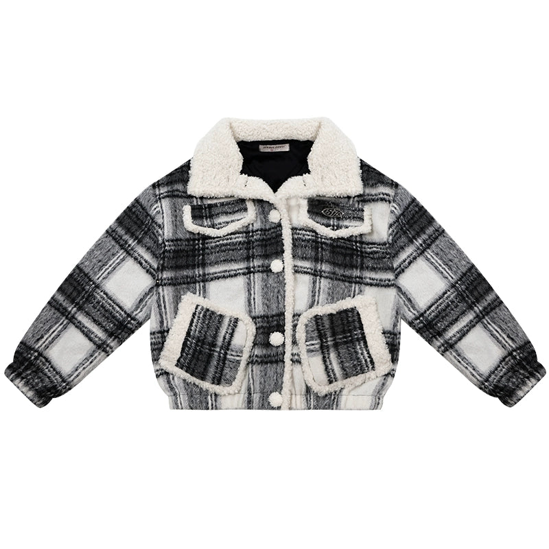 Checkered Wool Jacket | Velvet Sheepskin Collar Retro Design for Autumn/Winter