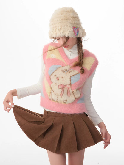 Pink Rabbit Love Knitted Tank Top | Retro V-neck Sweater for Autumn/Winter