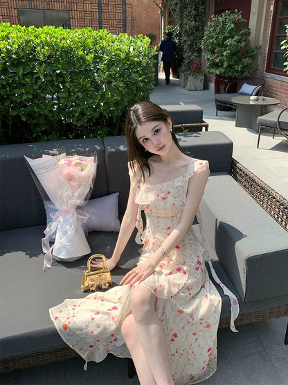 [Butterfly Secret] Floral Strap Dress - French Retro Long Skirt